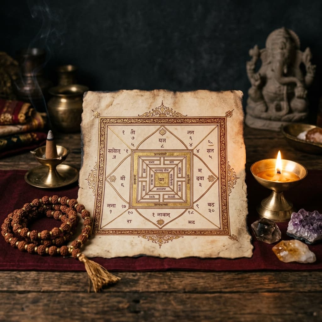 Best Vedic astrologer in India performing Janma Kundali birth chart analysis with sacred items and brass diya lamp