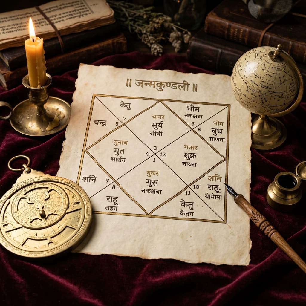 Hand-drawn Janma Kundali Vedic birth chart on parchment with brass astrolabe and celestial globe